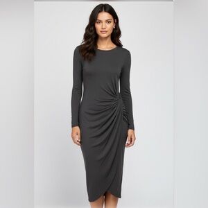 Loveappella Grey Asymmetrical Ruched Long Sleeve Midi Dress Chic!